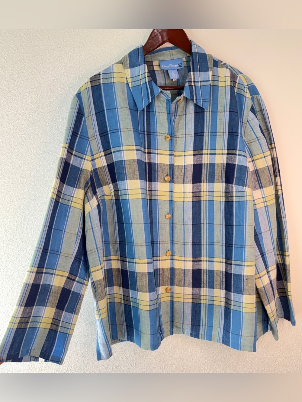 Evan Picone 100% Linen Blue Plaid Button Up Shirt Shacket 3X Boho Cottage Cabin
